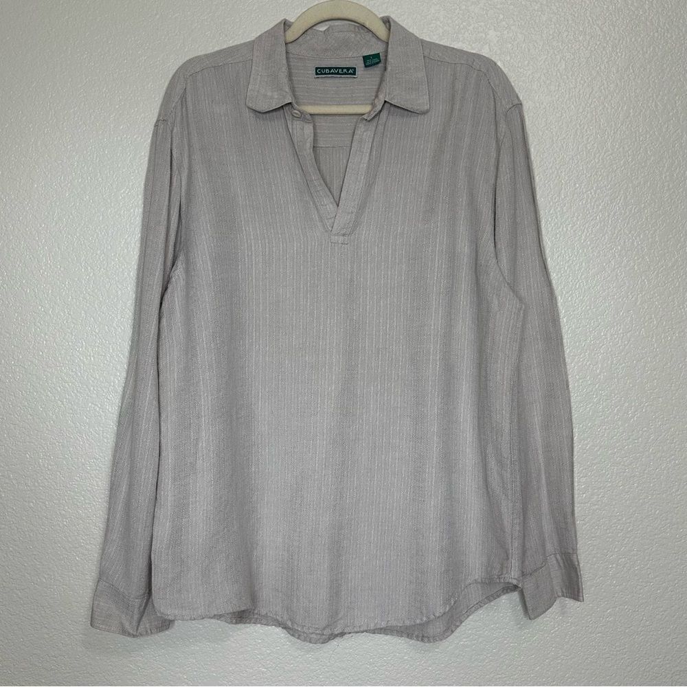 Cubavera Linen Blend Gray Textured Long Sleeves Men’s Top, Sz Large
